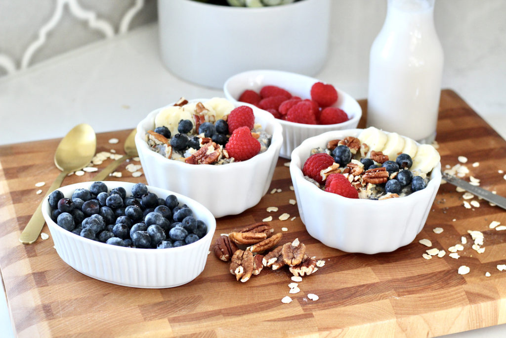 almond milk with chia seed oatmeal and toppings