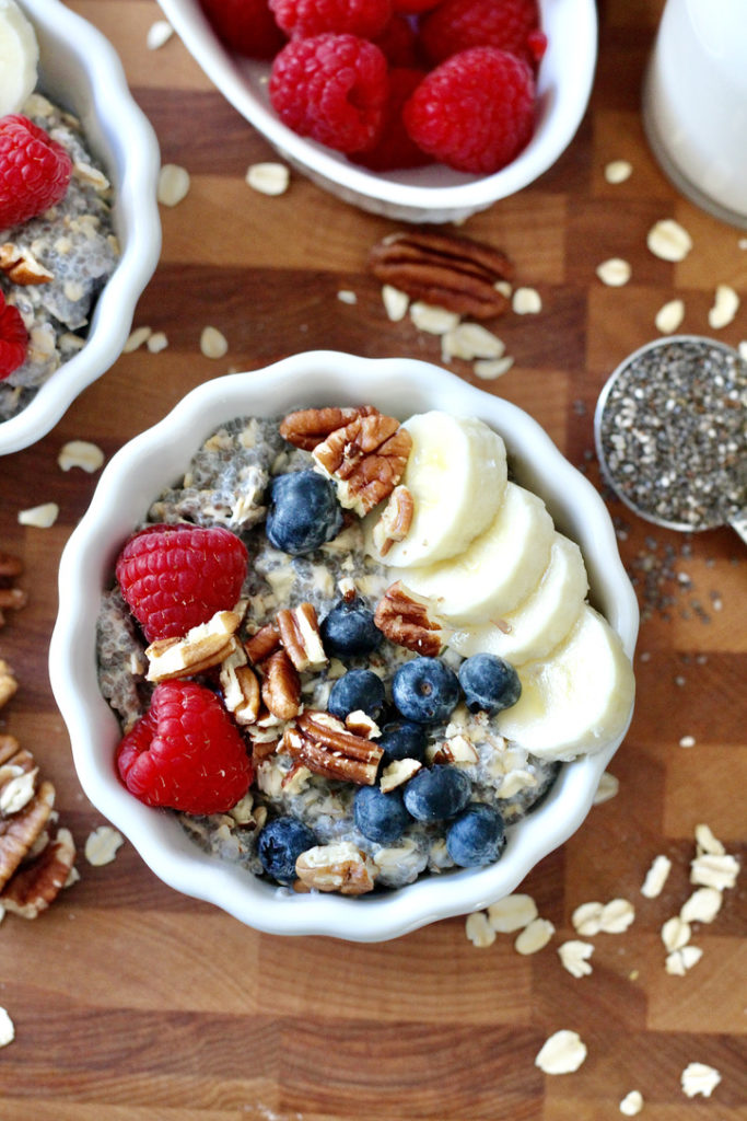 chia seed oatmeal with berries banana slices