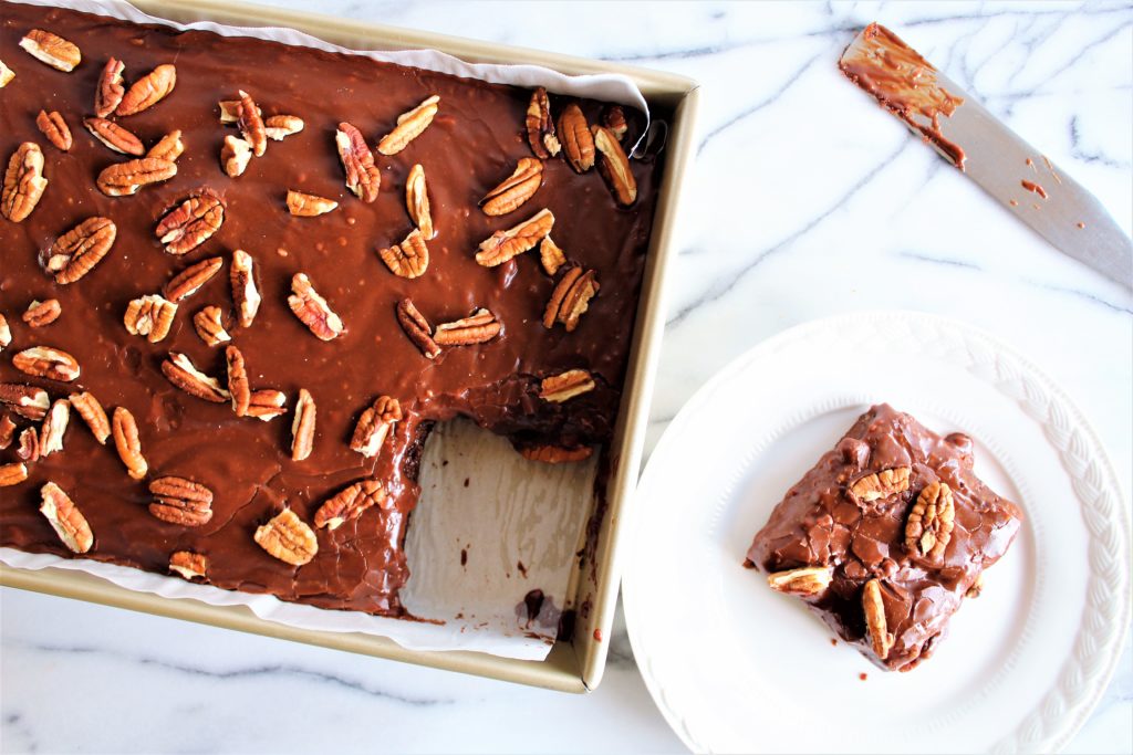 chocolate cake in pan with icing