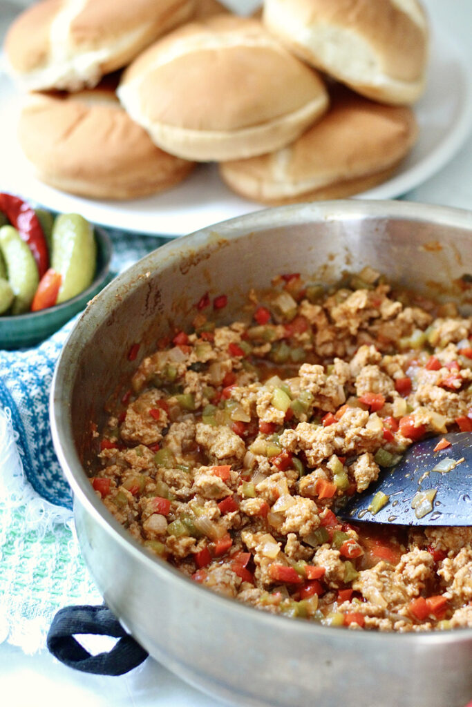 turkey sloppy joes filling in pan