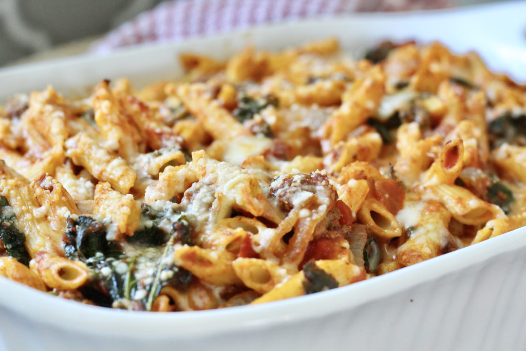 cheesy ground beef pasta in dish