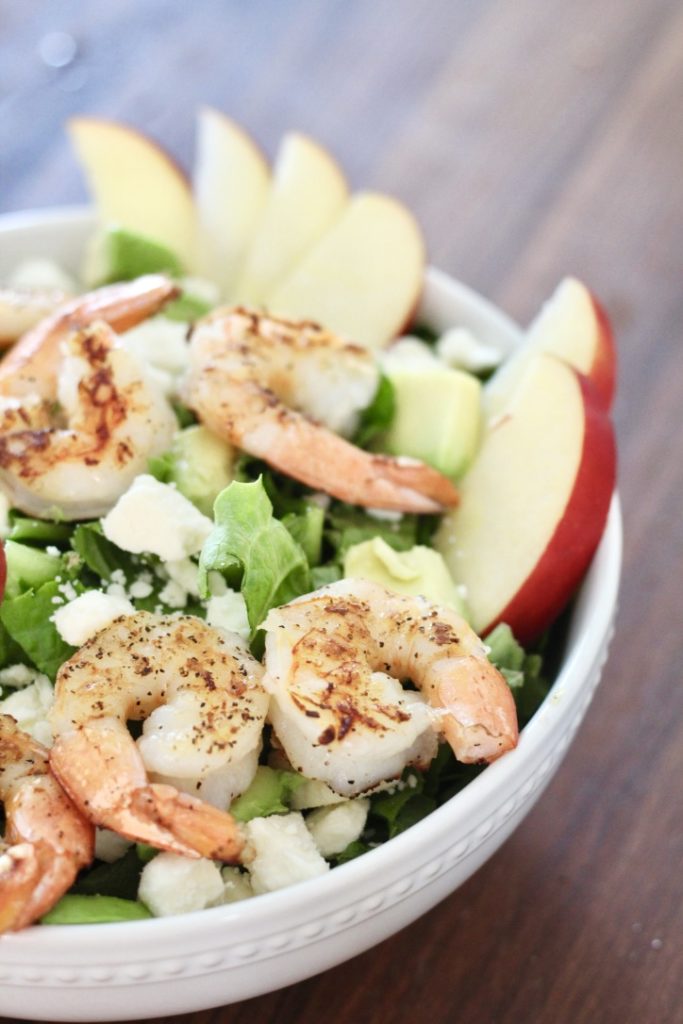 shrimp salad in bowl with apples how to cook shrimp