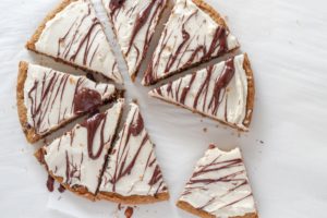 aerial view of slices of Low Sugar Gluten Free Chocolate Chip Cookie Cake