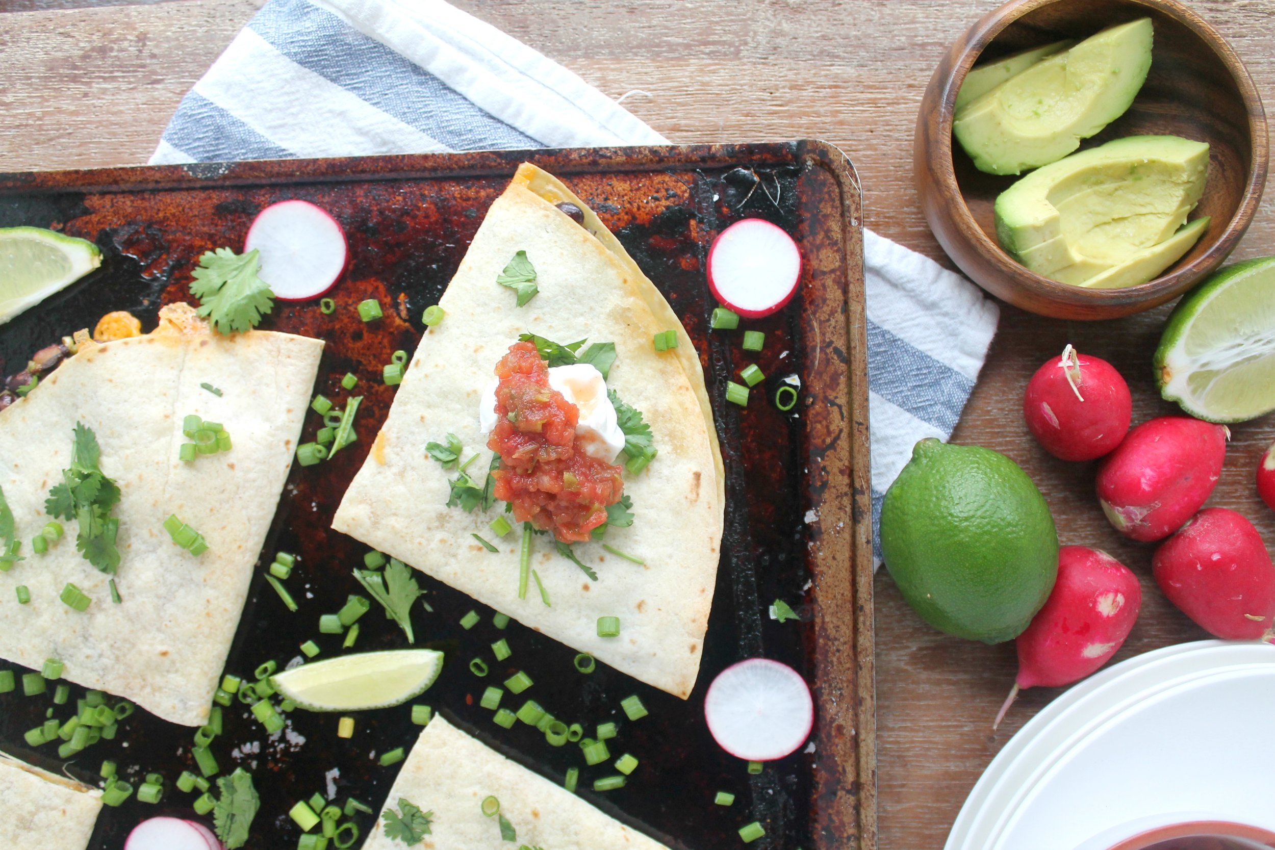  30-minute sheet pan dinners: nineteen easy dinner options   Cheesy Sheet Pan Quesadillas  by Jenny Shae Rawn, dietitian and blogger at My Cape Cod Kitchen 