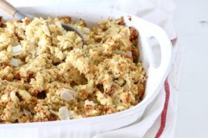 Gluten Free Cornbread Dressing in white baking pan