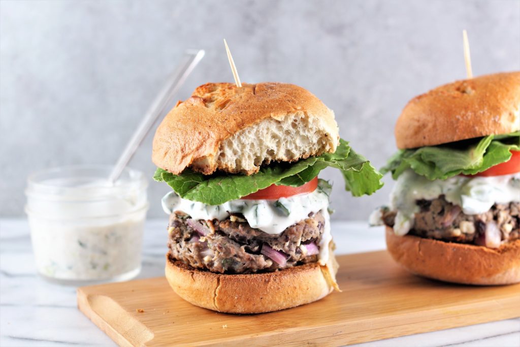 Lamb, Feta, and Black Bean Burgers with Greek Yogurt Tzatziki Sauce