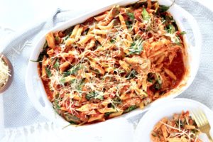 aerial view of Cheesy Ground Lamb and Spinach Pasta Bake