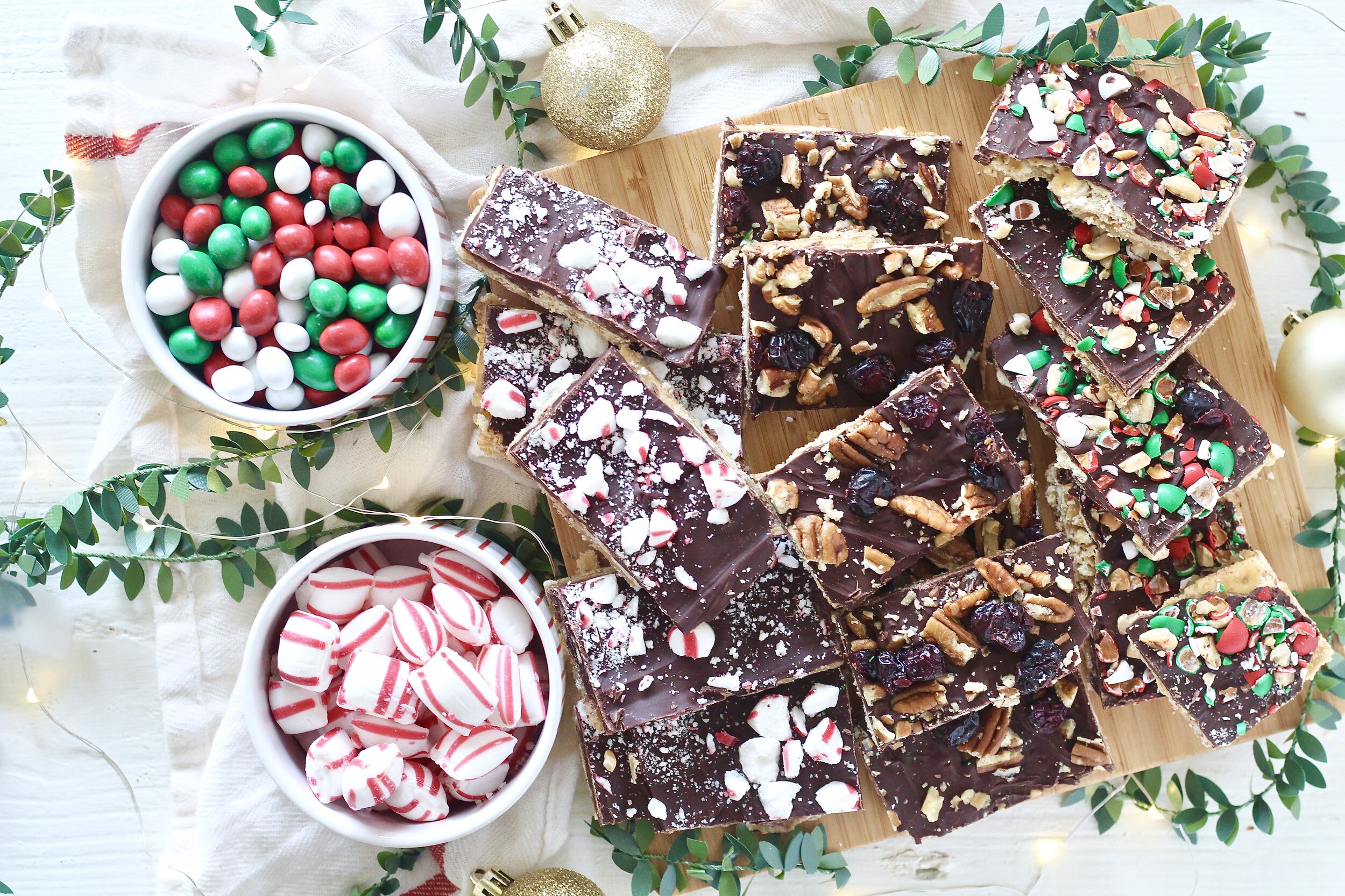 Gluten Free Christmas Cracker Candy with bowls of candy