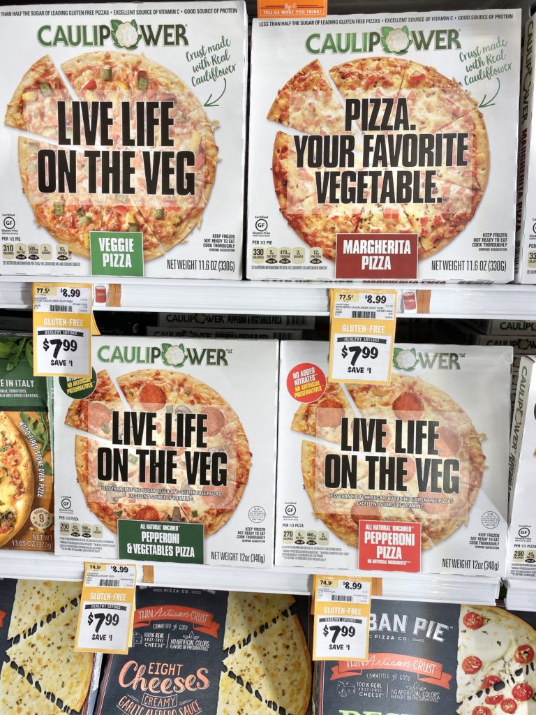 caulipower pizza on shelf at sprouts veggie, margherita, pepperoni, pepperoni & veggie