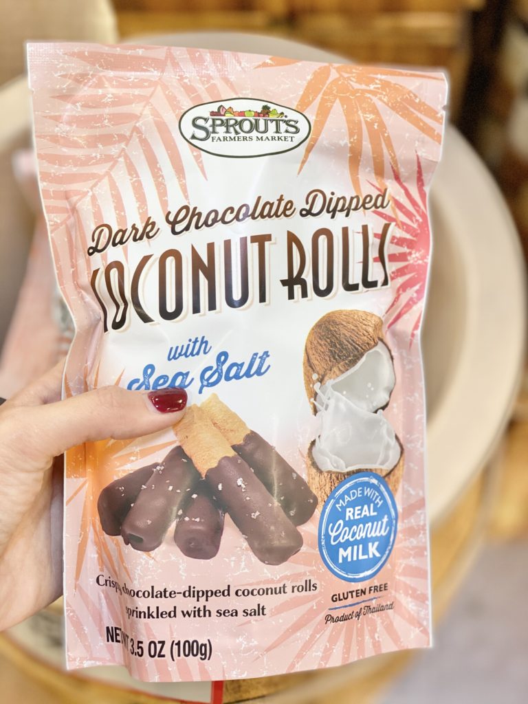 sprouts dark chocolatae dipped coconut rolls with sea salt front of bag with real coconut milk