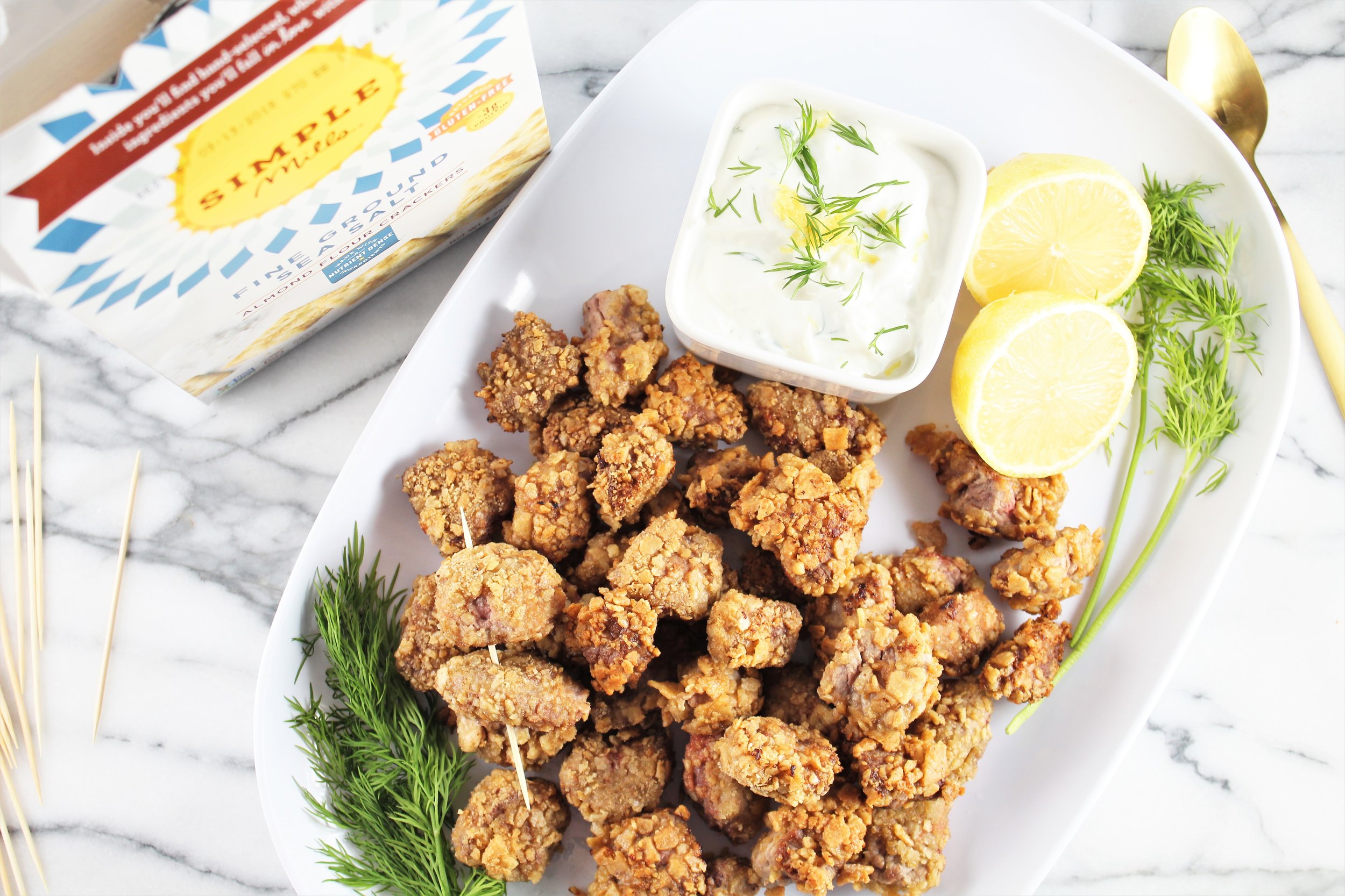  Grain Free Crispy Steak Bites with Creamy Lemon Dill Dip 