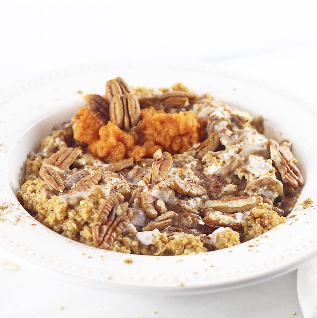 quinoa breakfast bowl with pecans and pumpkin