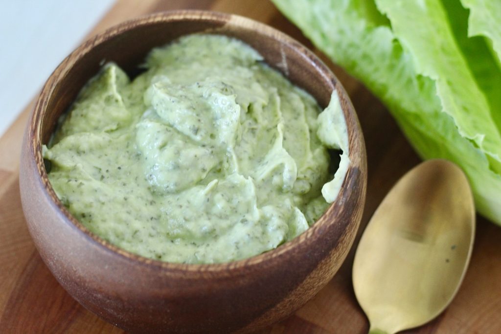 avocado ranch dressing in wood bowl