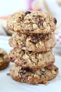 stack of oatmeal raisin breakfast cookies on bakers cooling rack