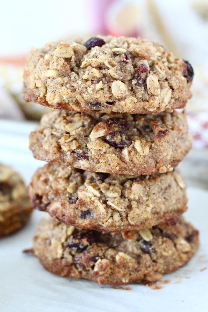 stack of oatmeal raisin breakfast cookies on bakers cooling rack