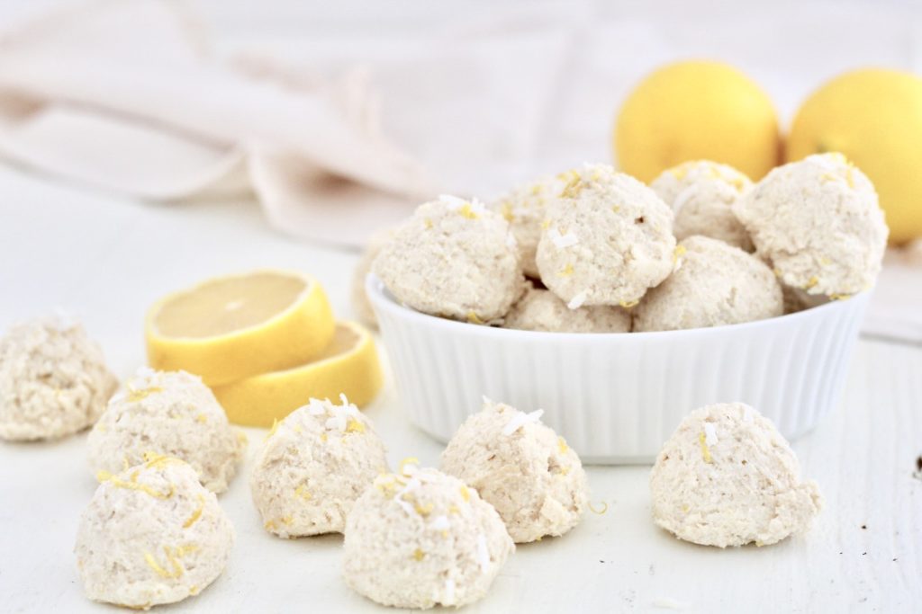 lemon cheesecake bites in soufflé dish with lemon slices