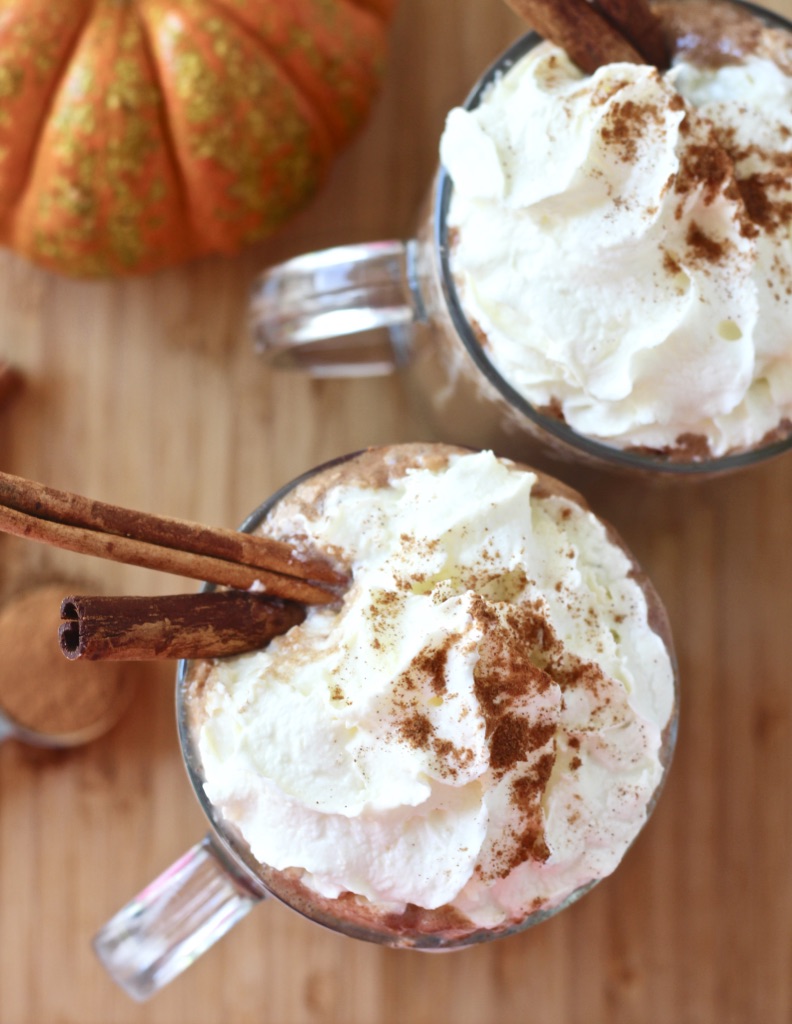 two cups of hot chocolate with whipped cream and cinnamon