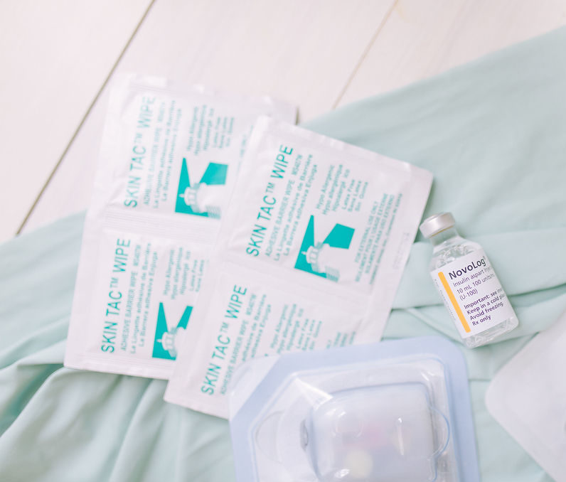 alcohol wipes, insulin, and onipod pod insulin pump supplies