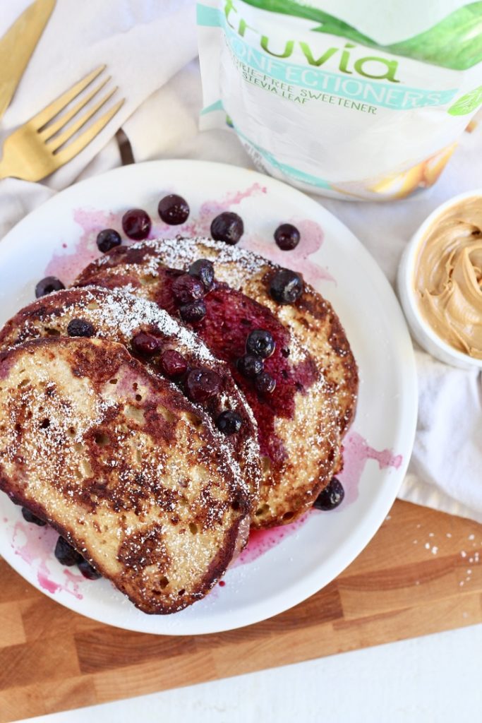 sourdough french toast with peanut butter blueberries and truvia