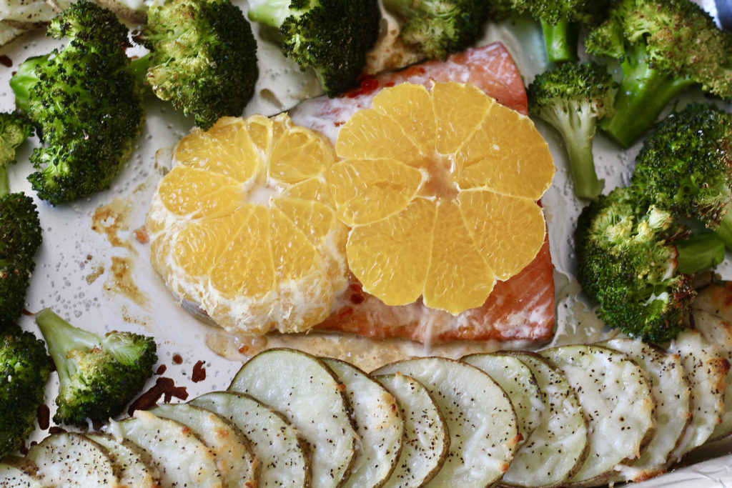 salmon with sump mandarins broccoli potatoes for one pan salmon and veggies