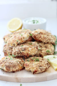 air fryer salmon patties on wood board