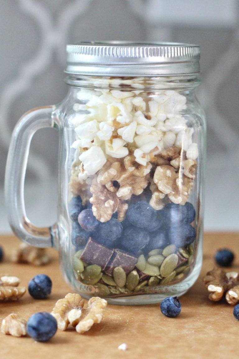 homemade trail mix blueberries walnuts popcorn pumpkin seeds