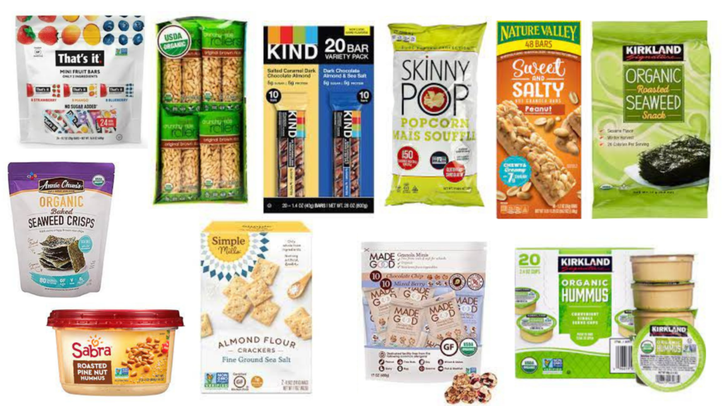 costco shopping list thats it bars seaweed snacks crispy rollers kind bars skinny pop popcorn nature valley sweet and salty bars sabra hummus simple mills crackers made good granola bites