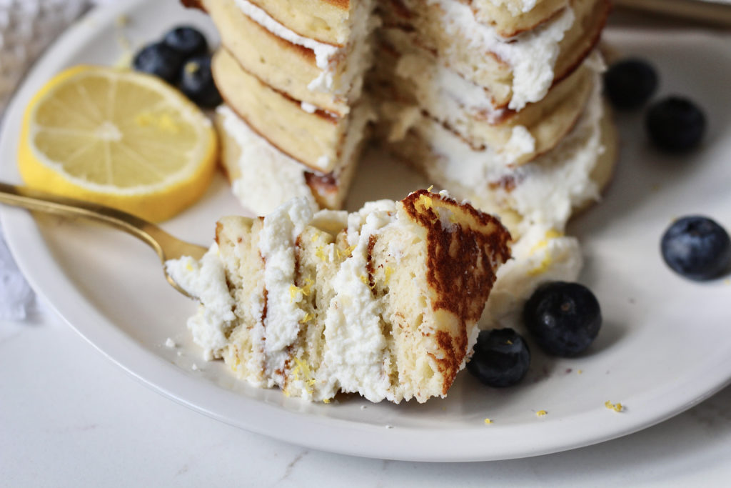 lemon ricotta pancakes gold fork lemon slice