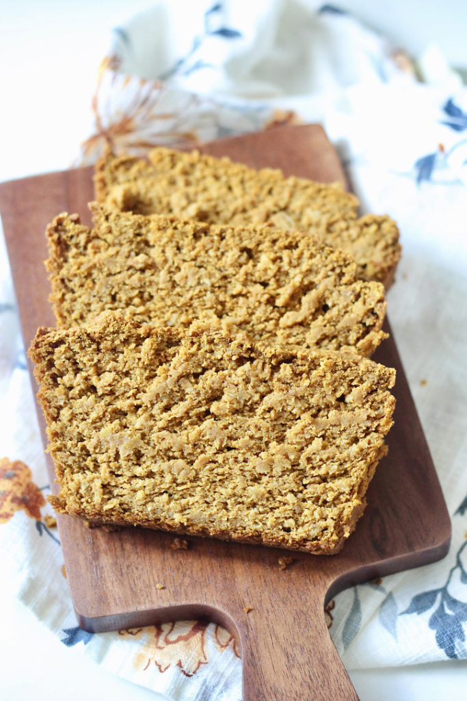 low carb gluten free pumpkin bread on wooden cutting board