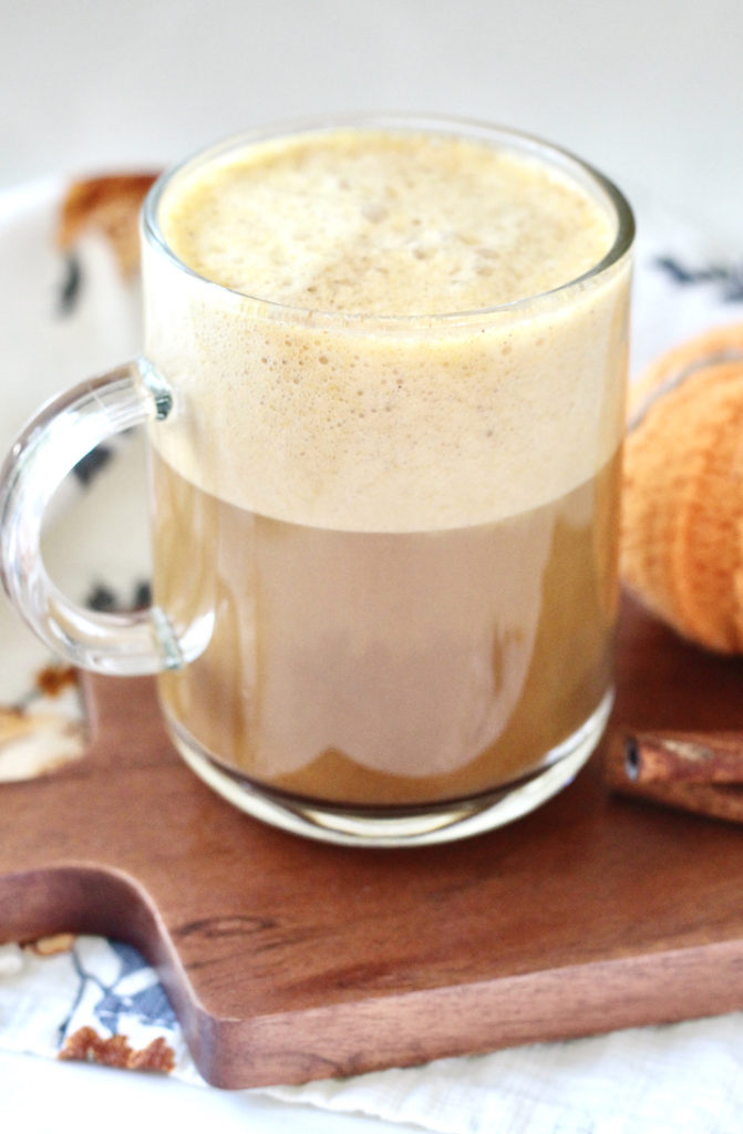 healthy pumpkin spice latte in clear coffee cup