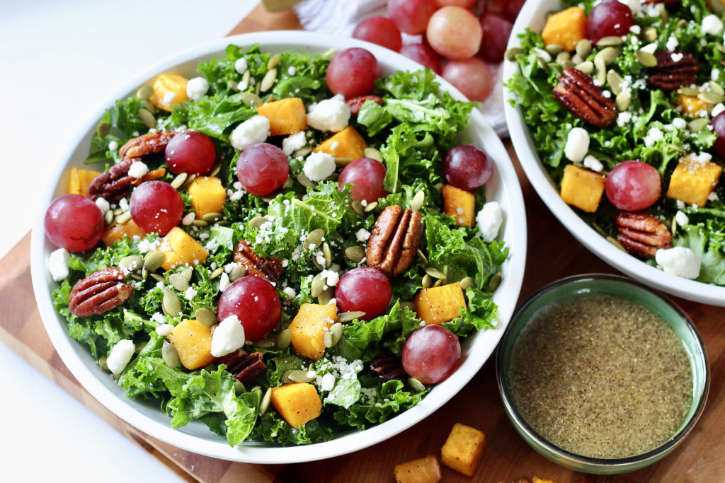 maple apple cider vinaigrette and fall harvest salad with grapes pecans and butternut squash