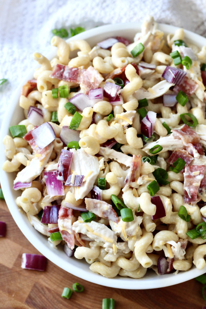 chickpea pasta chicken bacon green onions red onions pasta salad