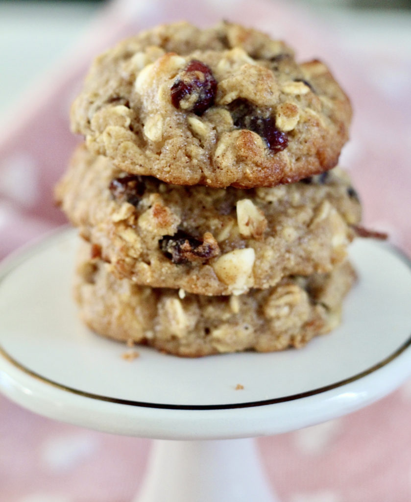 stack of three white chocolate cranberry oatmeal cookies