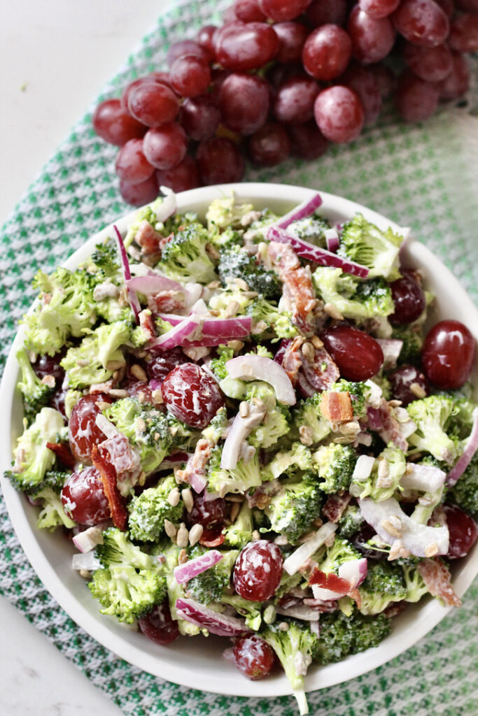 grape broccoli salad with sunflower seeds